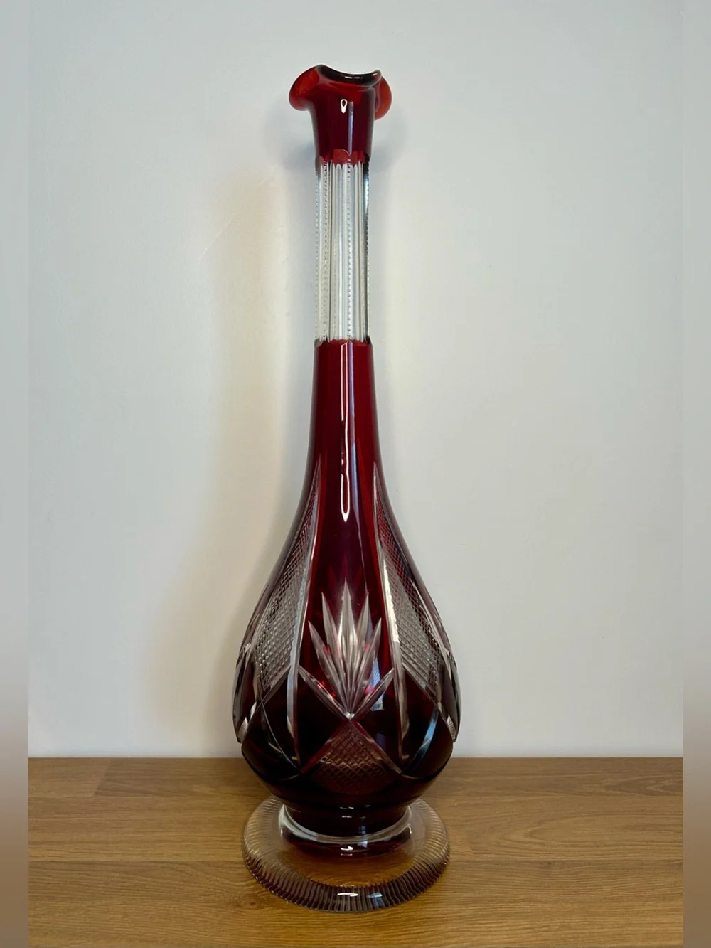 Bohemian Ruby Cut Crystal Vase | Hand-Cut Czech Glass Bud Vase, Mid-Century Deco